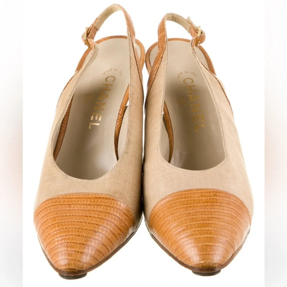 Vintage CHANEL Beige Canvas and Leather Slingback Pumps Size 8